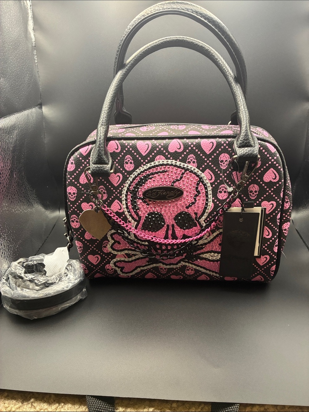 Ed Hardy Black and Pink Skull Heart Satchel with Chain Accent